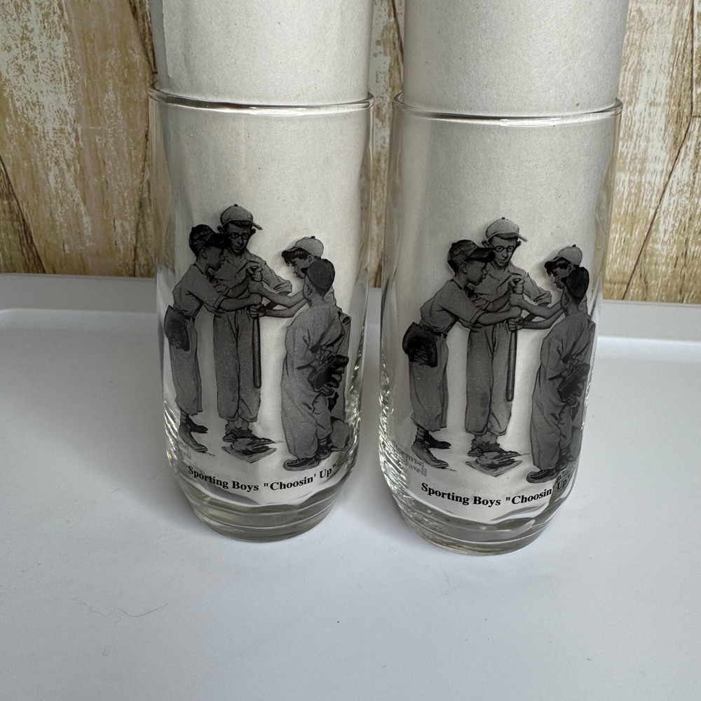 Norman Rockwell Sporting Boys "Choosin Up" Glasses Set of 2 Vintage